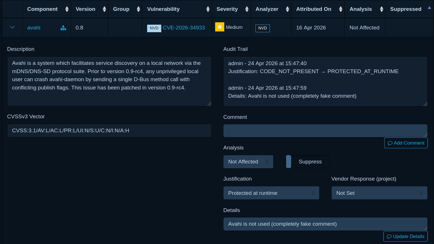Assessing a vulnerability in Dependency-Track