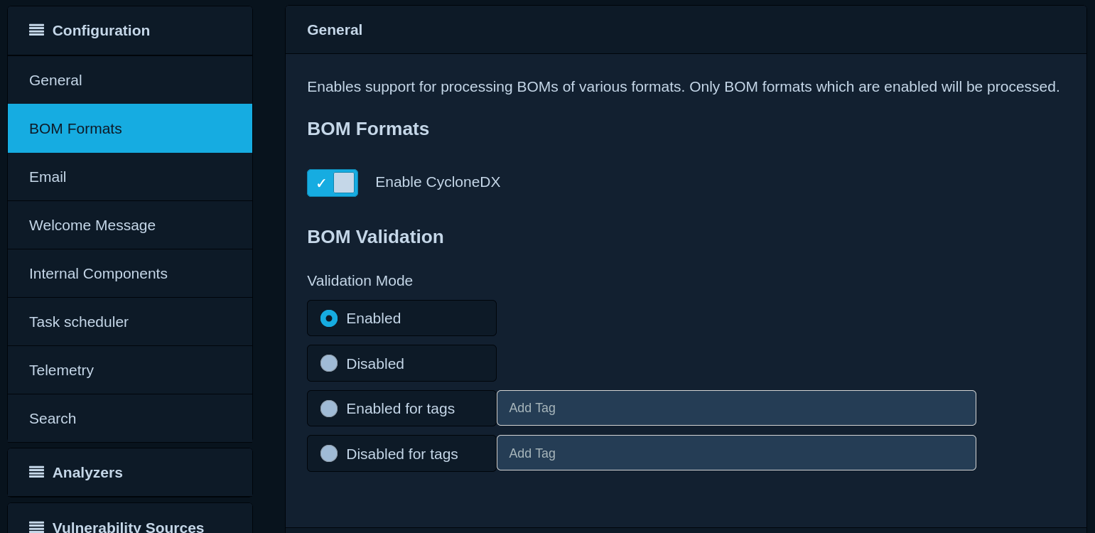 Dependency-Track "BOM Formats" configuration page showing only CycloneDX