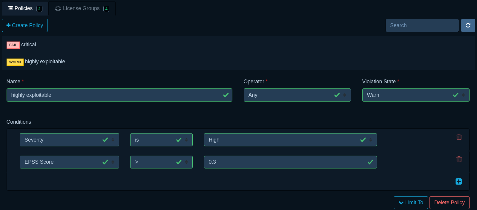 Dependency-Track policy management tab