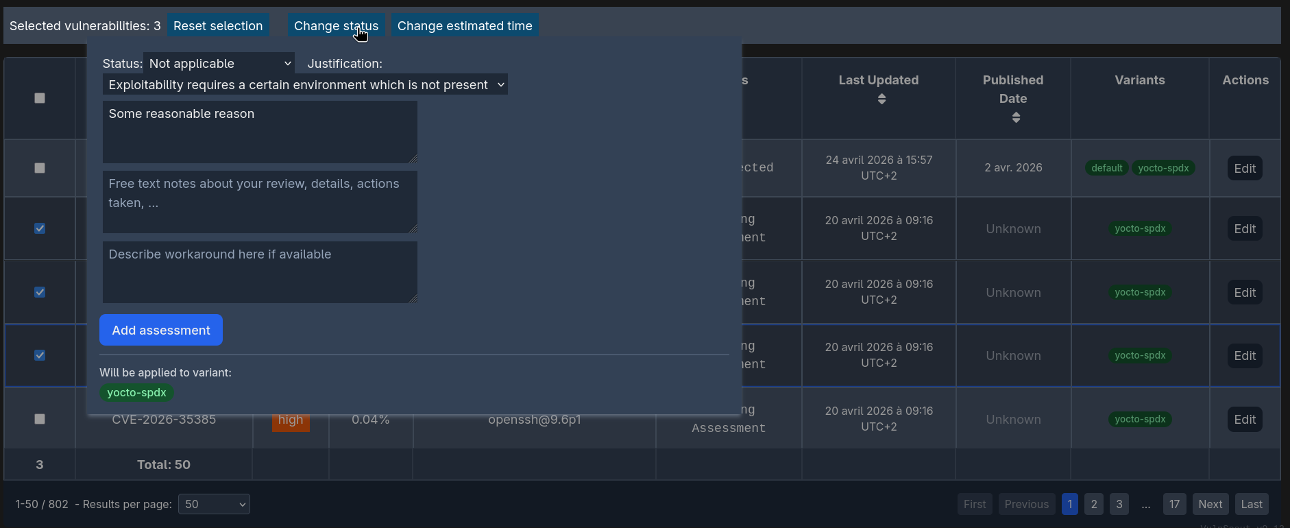 VulnScout bulk assessment dialog