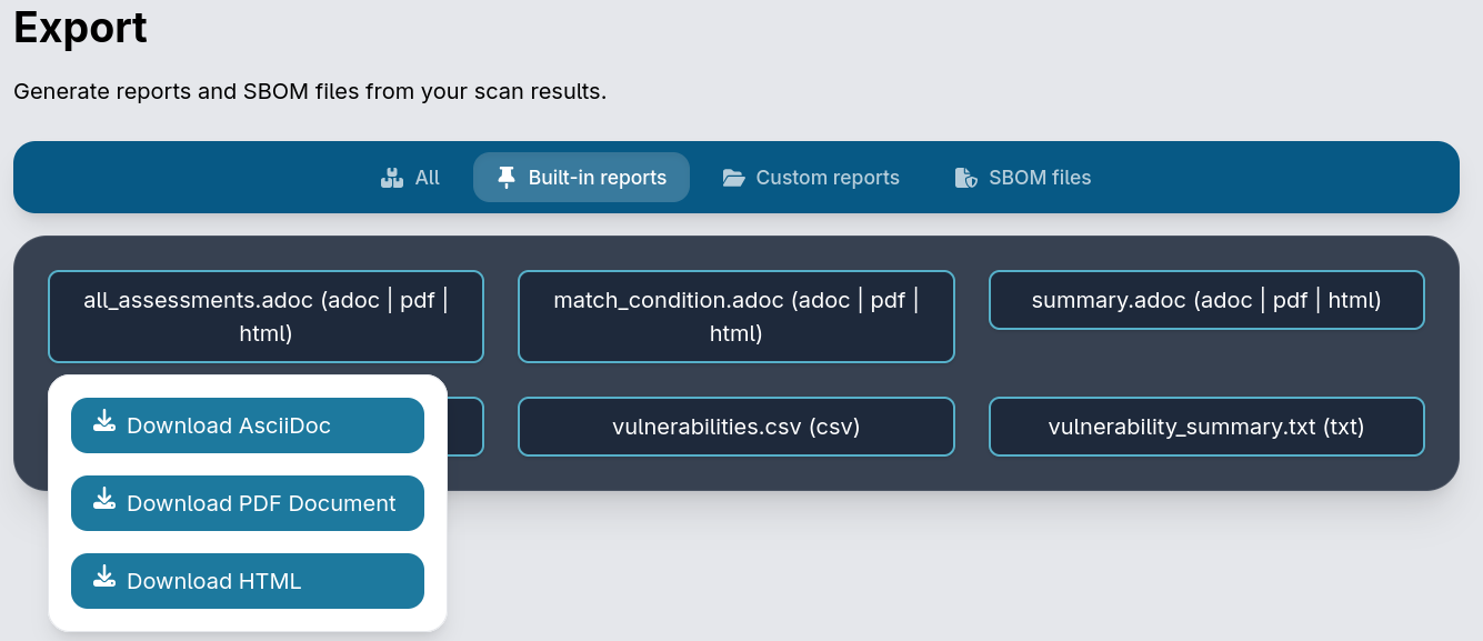 VulnScout export tab Built-in