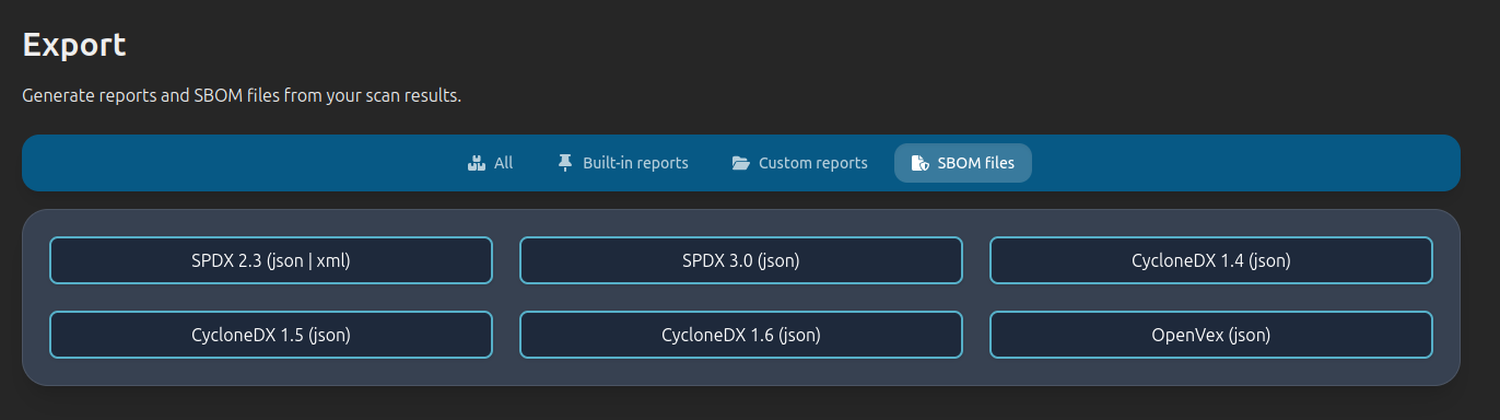 VulnScout export tab SBOM