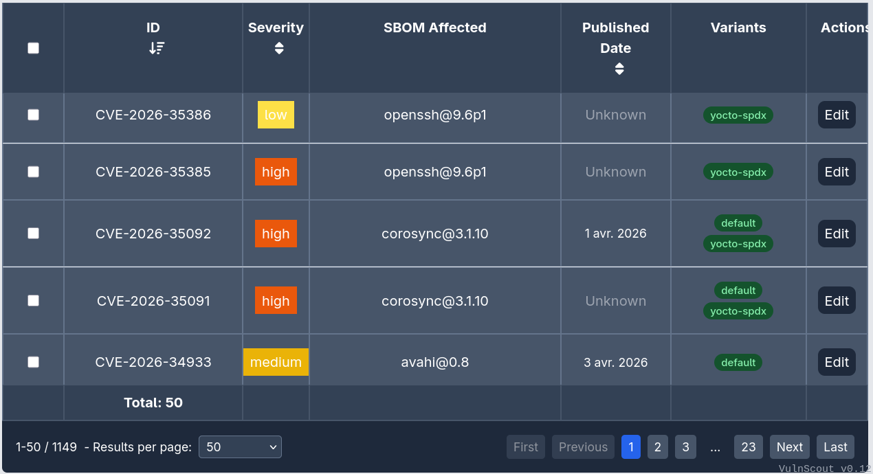 Vulnerabilities tab with multiple variants